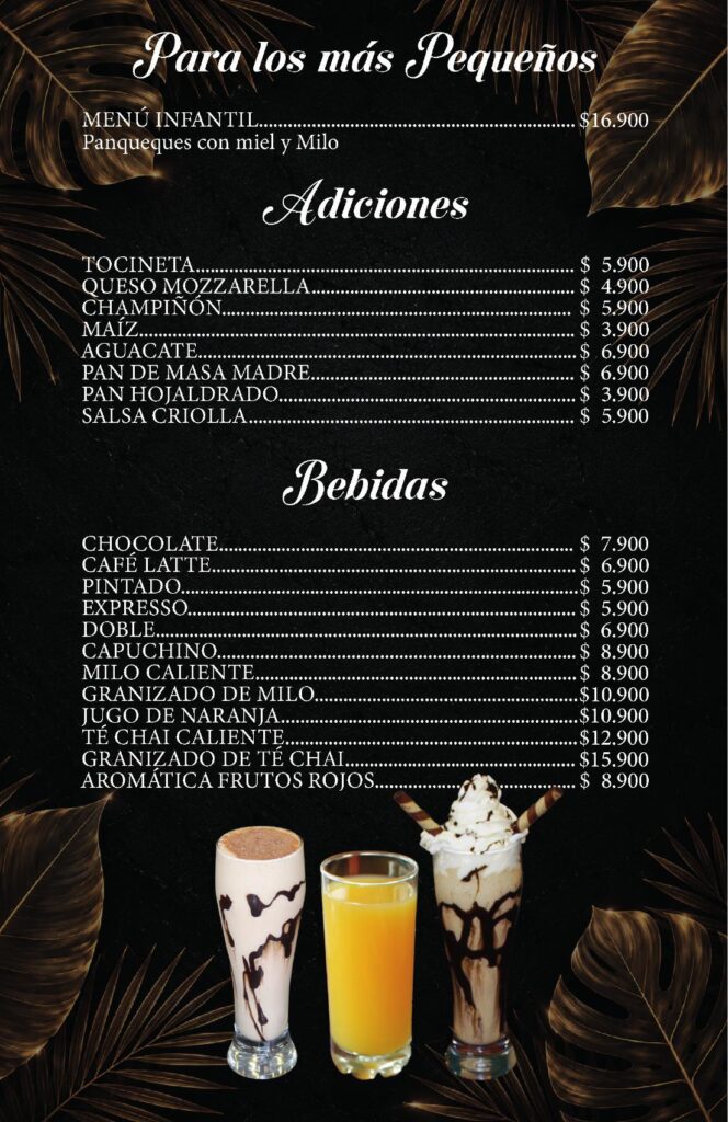 Carta de desayunos en Bogotá página 4 - Opciones para niños y bebidas - Pescadería Alférez